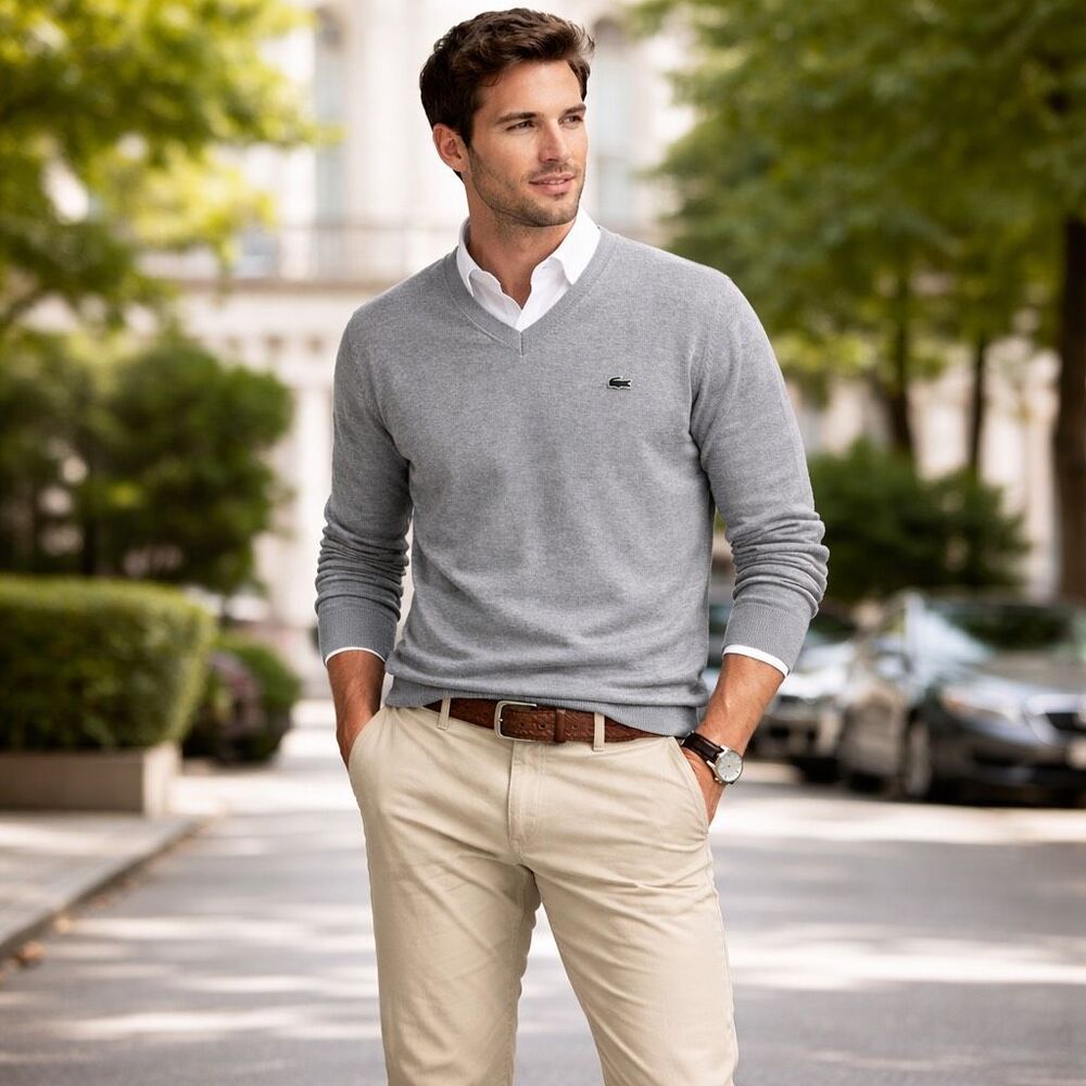 Lacoste V-neck classic knit sweater mens L gray Ivy League Preppy light academia